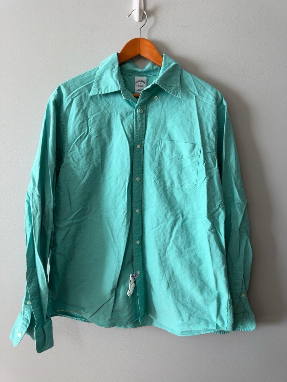 Brooks Brothers Mens L Aqua Oxford Button Front Shirt Cotton Long Sleeve Casual